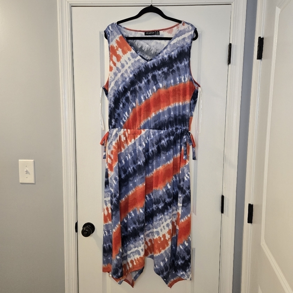 Nina Leonard Red And Blue Cinch Waist Sleeveless Maxi Dress Size 1X